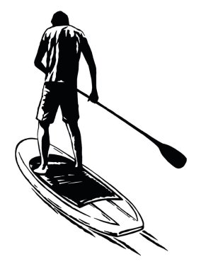 Stand-up kürekli bir pansiyonerin el çizimi monokrom çizimi.