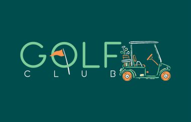 Stylize golf arabası çizimi. Harflerle birlikte sanat kompozisyonu.