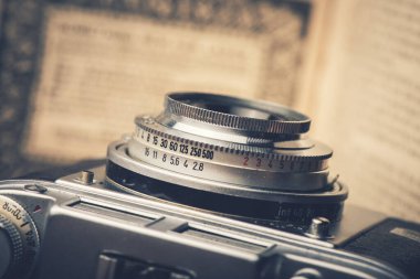 Closeup details on vintage film camera lens.