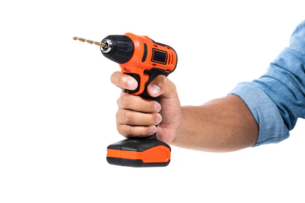 Man Holding Cordless Screwdriver Drill White Background — Stock Photo, Image