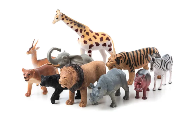 Ομάδα Ζώων Της Ζούγκλας Παιχνίδια Απομονωμένα Λευκό Φόντο Πλαστικά Παιχνίδια — Φωτογραφία Αρχείου