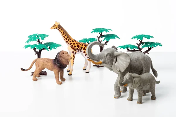 一组丛林动物玩具在白色背景上被隔离 塑料动物玩具 — 图库照片