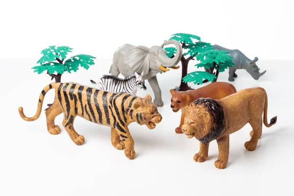 Grupo Animais Selva Brinquedos Isolados Sobre Fundo Branco Animais Plástico — Fotografia de Stock