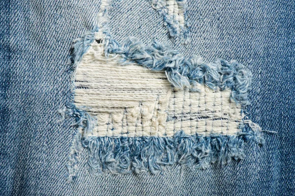 Closeup Detail Torn Blue Jeans Denim Jeans Texture Fashion Blue — Stock Photo, Image