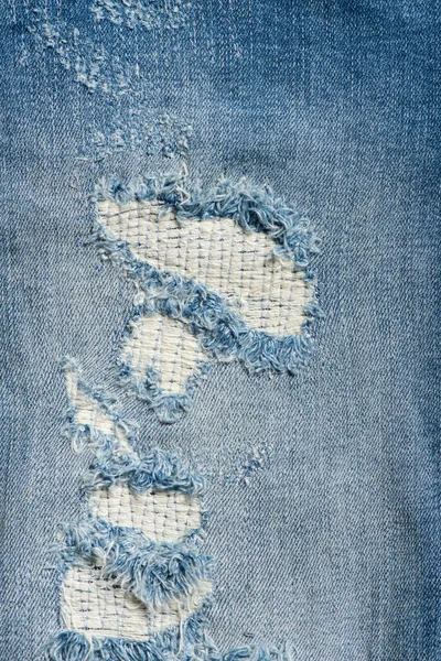 Detalhe Close Rasgado Jeans Azuis Textura Jeans Ganga Moda Jeans — Fotografia de Stock
