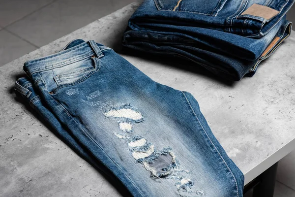 Detalhe Close Rasgado Jeans Azuis Moda Jeans Jeans Jeans Azul — Fotografia de Stock