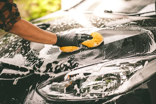 Washing Black Car Car Cleaning Car Care Concept — Stock Photo, Image