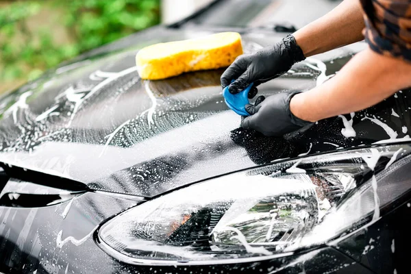 Lavar Carro Preto Limpeza Carro Conceito Cuidados Carro — Fotografia de Stock