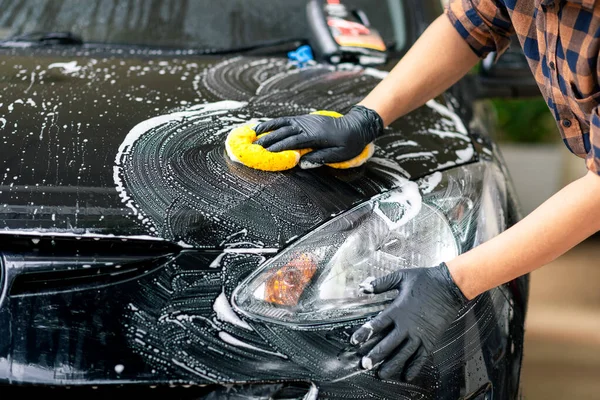 Lavando Coche Negro Limpieza Coches Concepto Cuidado Del Coche —  Fotos de Stock