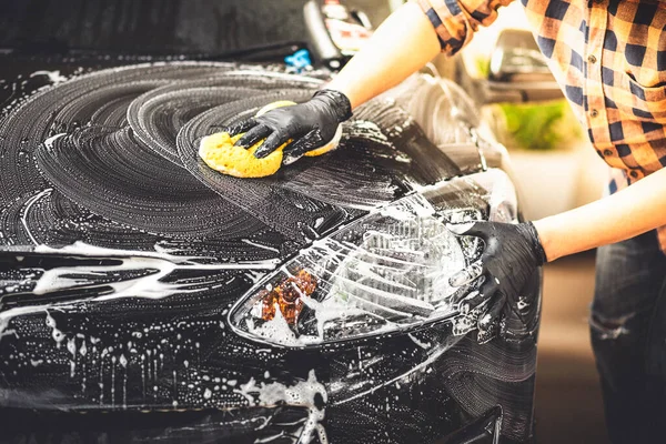 Мити Чорну Машину Прибирання Автомобілів Концепція Догляду Автомобілем — стокове фото