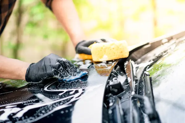 Lavar Carro Preto Limpeza Carro Conceito Cuidados Carro — Fotografia de Stock