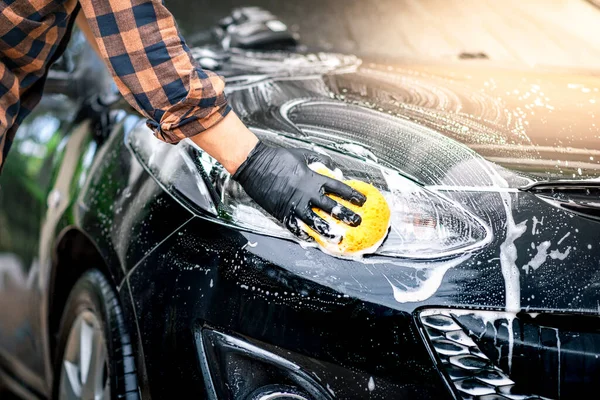Das Schwarze Auto Waschen Auto Reinigungs Und Auto Pflegekonzept — Stockfoto