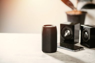 Müzik dinlemek için siyah kablosuz bluetooth hoparlörü. Evde seslendirme asistanı.