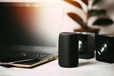 Müzik dinlemek için siyah kablosuz bluetooth hoparlörü. Evde seslendirme asistanı.
