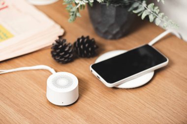 Müzik dinlemek için mini kablosuz bluetooth hoparlörü. Evde seslendirme asistanı.