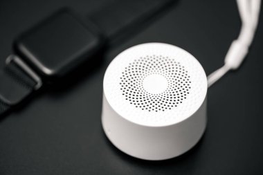 Müzik dinlemek için mini kablosuz bluetooth hoparlörü. Evde seslendirme asistanı.