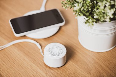 Müzik dinlemek için mini kablosuz bluetooth hoparlörü. Evde seslendirme asistanı.