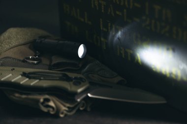 Günlük Taşıma için siyah cep feneri (EDC), alanın sığ derinliği. 