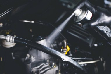 Motor bölmesini temizliyorum. Araba temizleme ve araba temizleme konsepti.