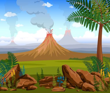Jurasik dönemde çizgi film vektör çizimi. Taş, volkan, duman bulutları, eğrelti otları ve diğer bitkilerle tarih öncesi manzara. Vahşi doğa..