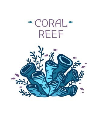 Mavi mercanlı vektör çizimi ve balık silueti. İzole mercan resifi.