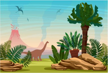 Aktif volkan, antik bitkiler ve soyu tükenmiş dinozorların silueti ile tarih öncesi manzara. Jurasik dönemde vektör doğa vahşi illüstrasyon.