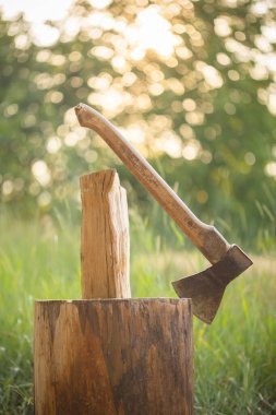 Balta ve odun güvertede. Sığ alan derinliği