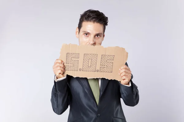 Scared Businessman Holding Cardboard Saying Need Some Help — Stock Photo, Image