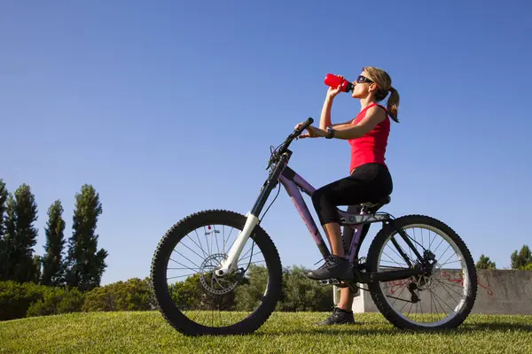 Νεαρή Γυναίκα Ένα Ποδήλατο Πόσιμο Νερό Στο Πάρκο Εικόνα Αρχείου