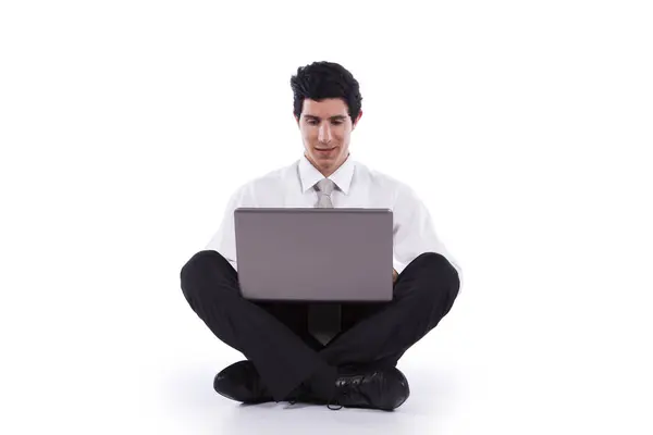 Happy Young Businessman Working His Wireless Laptop Isolated White — Stock Photo, Image