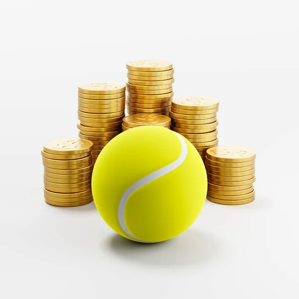 Tennis Ball Framför Staplar Gyllene Mynt Ljusgrå Bakgrund Render Illustration — Stockfoto