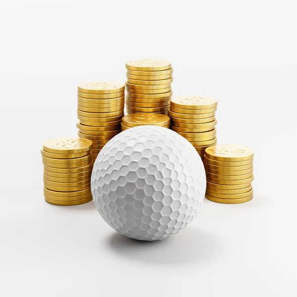 Golfbal Voor Stapels Gouden Munten Lichtgrijze Achtergrond Render Illustratie — Stockfoto