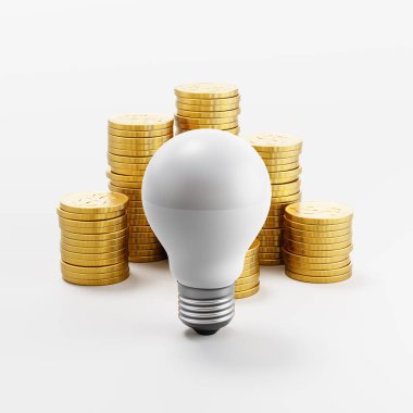 Açık Gri Arkaplanda Altın Para Yığını Önündeki LED Ampul 3D Görüntü