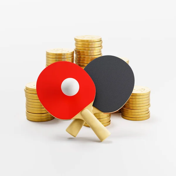 Két Ping Pong Denevérek Egy Labda Előtt Halom Arany Érmék — Stock Fotó