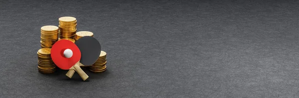 Два Ping Pong Кажани Один Випереджають Стеки Золотих Монет Темному — стокове фото