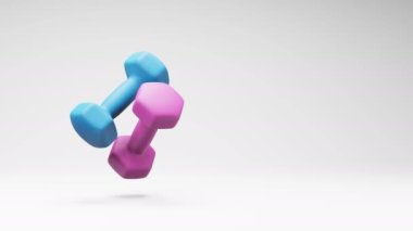 Bir Mor ve Mavi Dambıllar Stüdyo Aydınlık Gri Arkaplanda Dönüyor, Kopya Boşluğu ile Kusursuz Üç Boyutlu Animasyon
