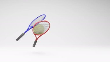 Tenis Topu ve Raketler Stüdyo Işık Gri Arkaplanda Dönüyor, Kopya Boşluğu ile Kusursuz Döngü 3B Canlandırması