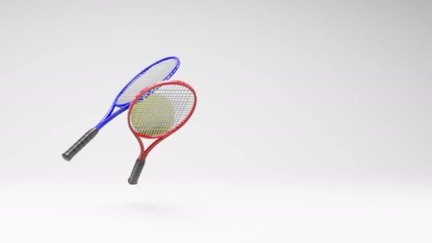 Palla Tennis Racchette Spinning Uno Sfondo Grigio Chiaro Studio Senza — Video Stock