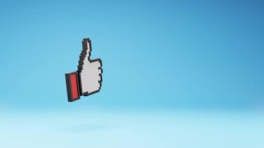 Like, Hand Pixelated Thumbs Up Spinning on a Studio Blue Background, Seamless Loop 3D Animation with Copy Space