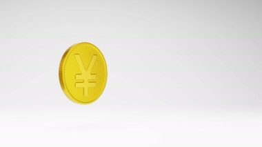 One Golden Yen or Yuan Sterling Coin Spinning on a Studio Light Gray Background, Seamless Loop 3D Animation with Copy Space