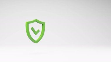 Green Outline Shield Shape with Tick Symbol Spinning on a Studio Light Gray Background, Seamless Loop 3D Animation with Copy Space