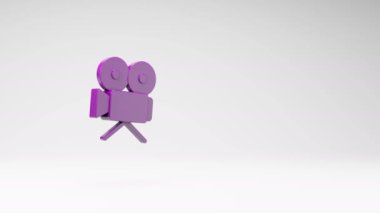 Purple Old Video Camera 3D Symbol Shape Spinning on a Studio Light Gray Background, Seamless Loop 3D Animation with Copy Space