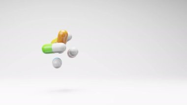 Colorful Pills Spinning on a Studio Light Gray Background, Seamless Loop 3D Animation with Copy Space