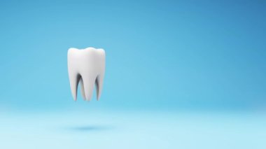 White Tooth Spinning on a Studio Blue Background, Seamless Loop 3D Animation with Copy Space