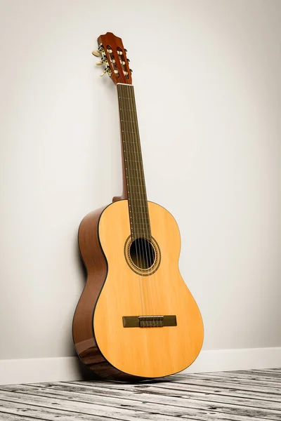 木製の床を持つ部屋の壁にもたれるクラシックギター 3Dレンダリングイラスト — ストック写真