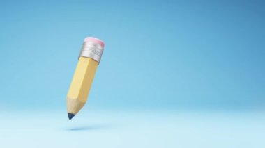 Lastik Silgi ile Stüdyo Mavi Arkaplanda Dönen Komik Klasik Tahta Kalem, Kopya Boşluğu ile Kusursuz Döngüsü 3B Animasyon