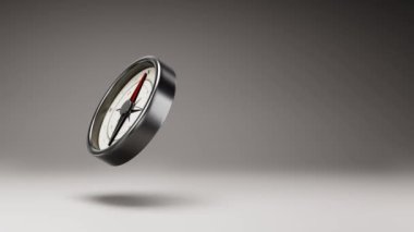 Kırmızı Manyetik Şırıngalı Metalik Pusula, Stüdyo Gri Arkaplan 'da Kuzey Dönüşünü Gösteriyor, Kopya Boşluğu ile Kusursuz Döngüsüz 3B Animasyon