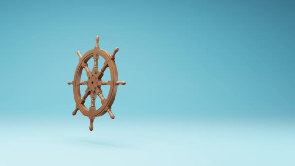 Wooden Rudder Wheel Spinning Studio Blue Background Seamless Loop Animation — стокове відео