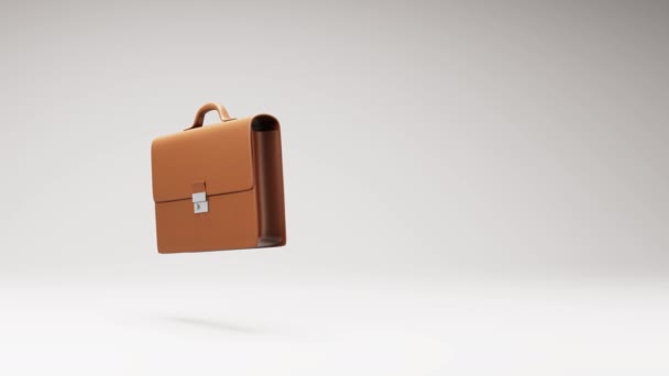 Brown Leather Businessman Aktentasche Spinning Auf Einem Studio Hellgrauen Hintergrund — Stockvideo