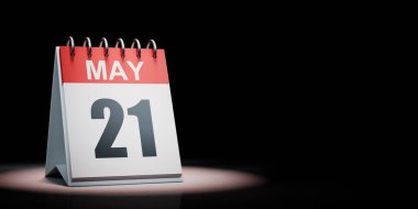 Red and White May 21 Desk Calendar Spotlighted on Black Background with Copy Space 3D Illustration clipart